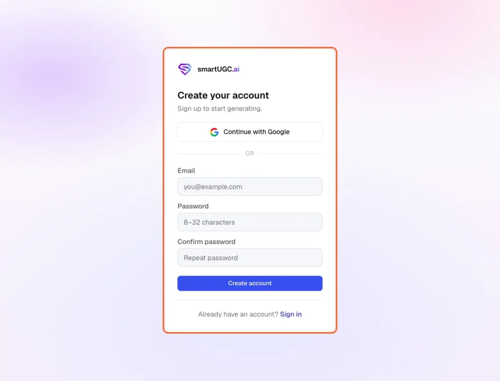 SmartUGC.ai Review 2026 | Features, Pricing, Alternatives, Pros and Cons 8 2. Enter your email and password, or click "Continue with Google.
