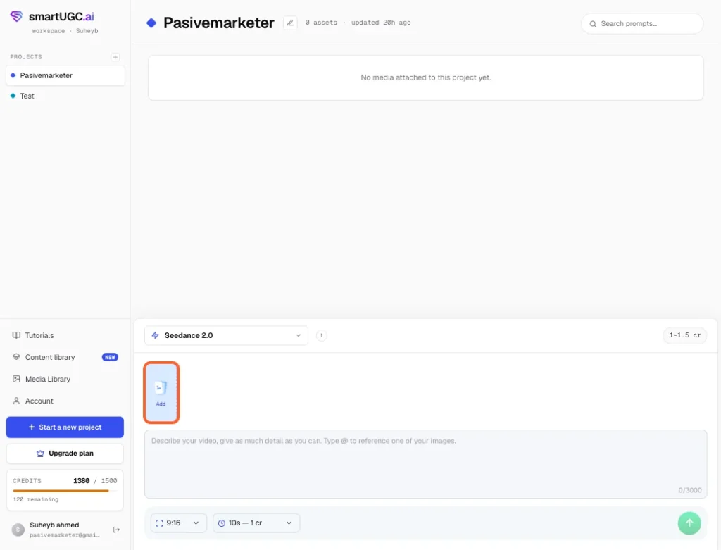 SmartUGC.ai Review 2026 | Features, Pricing, Alternatives, Pros and Cons 14 Click "Add" to upload a reference image — your product photo, or a person photo, depending on what you're generating.