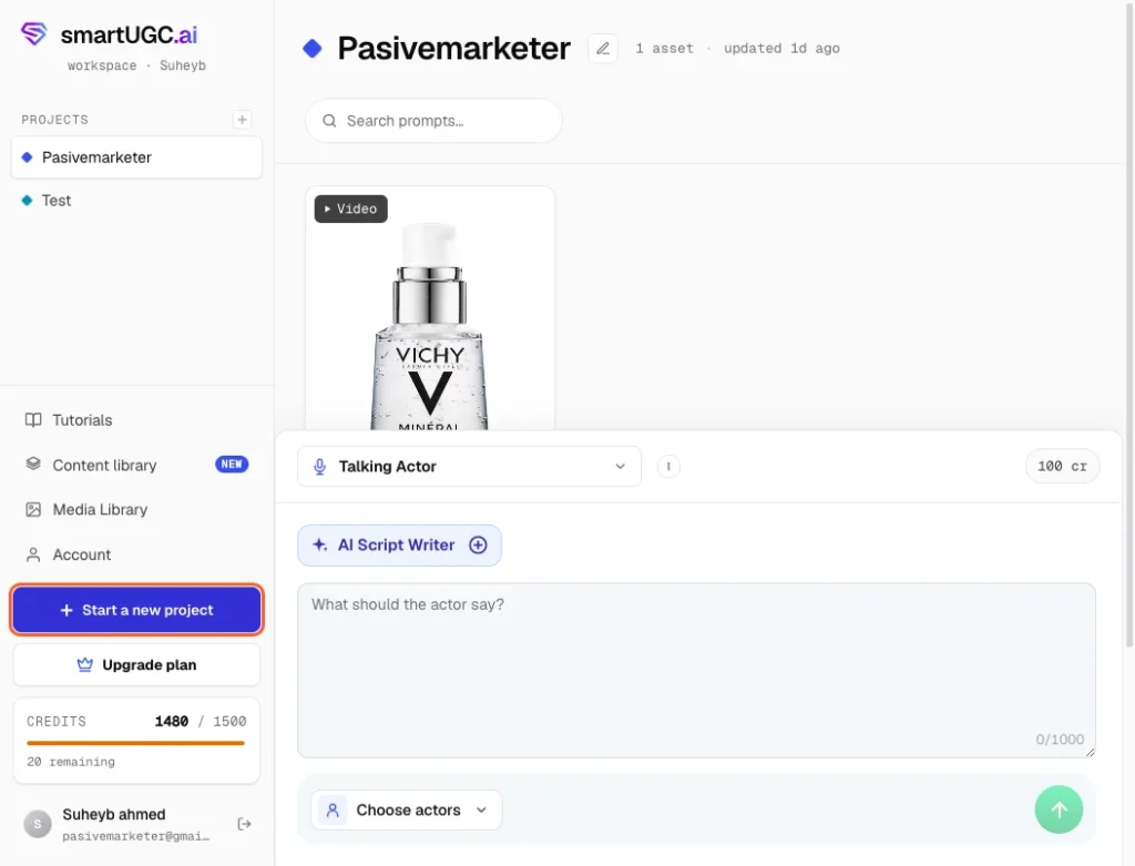SmartUGC.ai Review 2026 | Features, Pricing, Alternatives, Pros and Cons 11 Click "Start a new project" in the left sidebar.