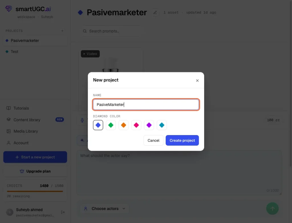 SmartUGC.ai Review 2026 | Features, Pricing, Alternatives, Pros and Cons 12 Type in a name for your project, then click "Create project.